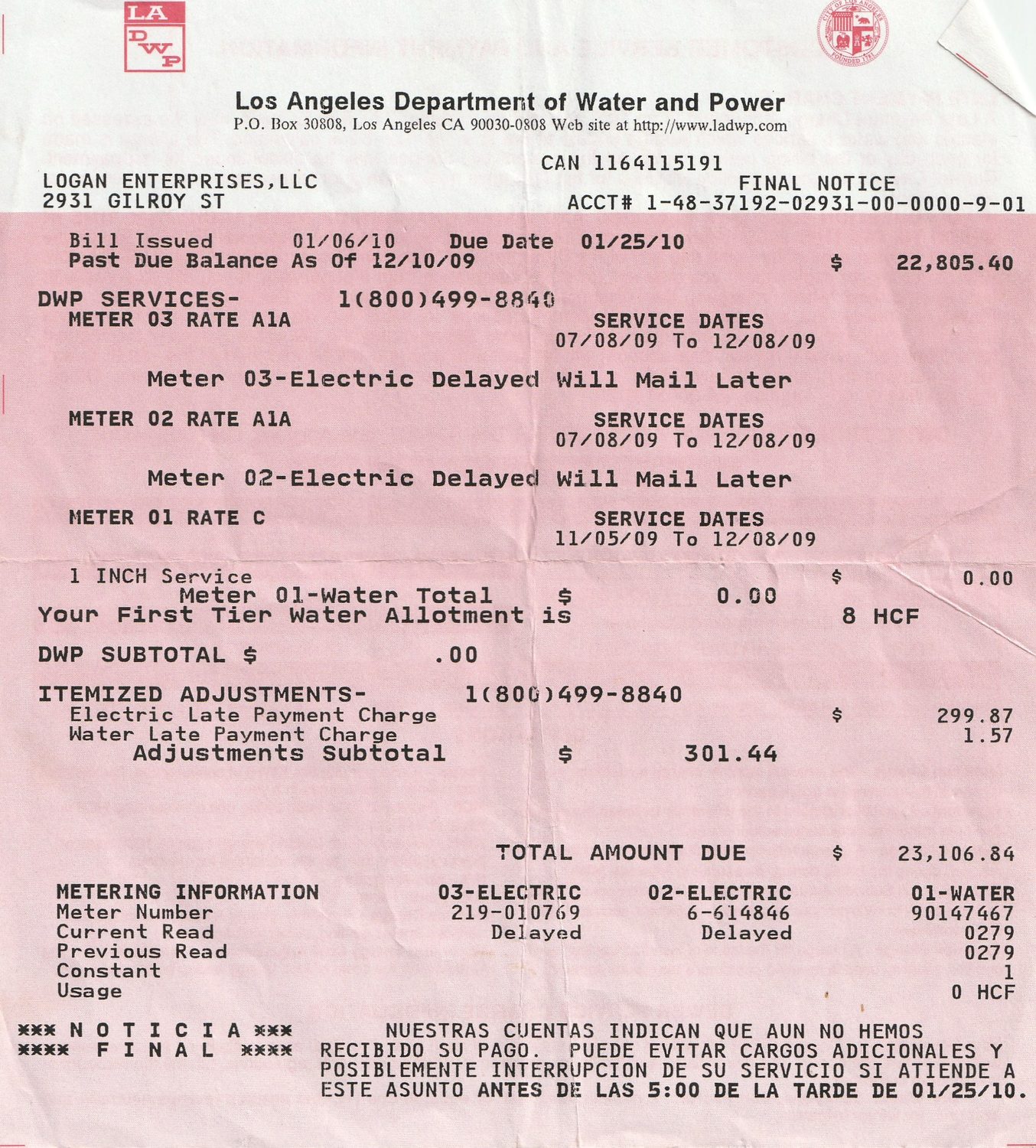 Los Angeles Department of Water and Power final notice from January 2010 for $23,106.84, addressed to Logan Enterprises LLC